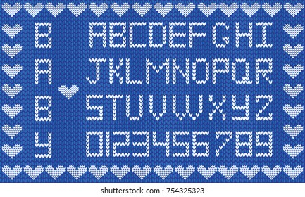Baby fabric script for boy. Cute knitted abc alphabet, knitting pattern, boy navy blue fabric background framed with little hearts. Useful for cards, invitations, design. 