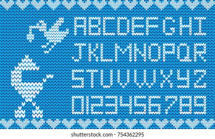Baby fabric script for boy. Knitted alphabet with illustration of stork and baby stroller. Vector illustration, letters, signs and symbols for design.
