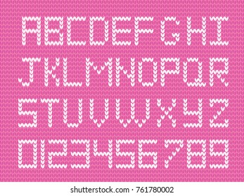 Baby fabric script for girl. Cute knitted abc alphabet, knitting pattern, girl pink fabric background framed with little hearts. Useful for cards, invitations, design. 