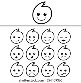 Baby face with different expression of emotion in the form of a comma with a glint in his eyes, vector
