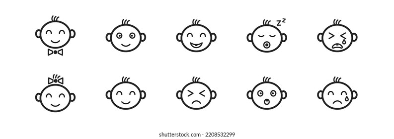 Baby Face Emotion Expression Icon Set. Collection Of Varied Emotions. Baby Emoji. Vector Illustration.