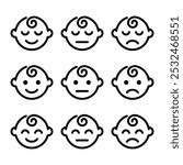 Baby face emotions line icon set. Baby boy facial expression. Newborn symbol. Kid face pictogram. Cute child smile sign. Happy and sad child. Sleeping children isolated concept. Baby care symbol.