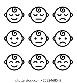 Baby face emotions line icon set. Baby boy facial expression. Newborn symbol. Kid face pictogram. Cute child smile sign. Happy and sad child. Sleeping children isolated concept. Baby care symbol.