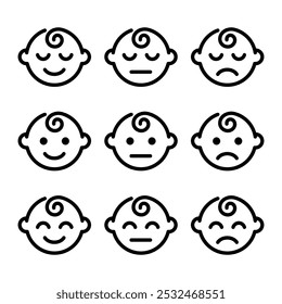 Baby Gesicht Emotionen Linie Symbol Set. Gesichtsausdruck des Babyjungen. Symbol für Neugeborene. Kindergesicht-Piktogramm. Nettes Kinderlächelzeichen. Ein glückliches und trauriges Kind. Schlafende Kinder isoliertes Konzept. Babypflegesymbol.