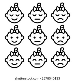 Baby face emotions line icon set. Baby girl facial expression. Newborn symbol. Kid face pictogram. Cute child smile sign. Happy and sad child. Sleeping children isolated concept. Baby care symbol.