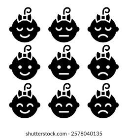 Baby face emotions line icon set. Baby girl facial expression. Newborn symbol. Kid face pictogram. Cute child smile sign. Happy and sad child. Sleeping children isolated concept. Baby care symbol.