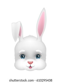 Baby face of funny bunny. Easter spring symbol. Vector illustration of cute and happy white rabbit head. Cartoon character icon isolated on background. Design for logo, banner, card