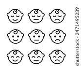 Baby face icon. Baby boy facial expression set. Toddler emotions pack. Newborn symbol. Kid face pictogram. Cute child smile sign. Happy and sad child. Sleeping children isolated concept.