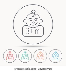 Baby face icon. Newborn child sign. Use of three months and plus symbol. Linear circle icons.