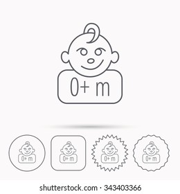 Baby face icon. Newborn child sign. Use of one months and plus symbol. Linear circle, square and star buttons with icons.