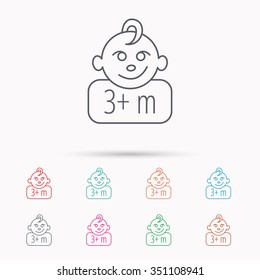 Baby face icon. Newborn child sign. Use of three months and plus symbol. Linear icons on white background.