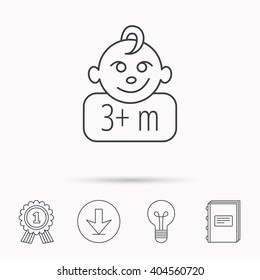 Baby face icon. Newborn child sign. Use of three months and plus symbol. Download arrow, lamp, learn book and award medal icons.