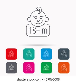 Baby face icon. Newborn child sign. Use of one and half year and plus symbol. Linear icons in squares on white background. Flat web symbols. Vector