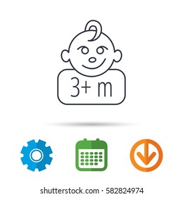 Baby face icon. Newborn child sign. Use of three months and plus symbol. Calendar, cogwheel and download arrow signs. Colored flat web icons. Vector