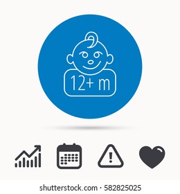 Baby face icon. Newborn child sign. Use of twelve months and plus symbol. Calendar, attention sign and growth chart. Button with web icon. Vector