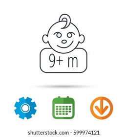 Baby face icon. Newborn child sign. Use of nine months and plus symbol. Calendar, cogwheel and download arrow signs. Colored flat web icons. Vector