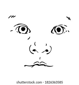 Baby face isolated vector drawing, Portrait of adorable infant looking straight. Hand drawn illustration, Black pen sketch on white background