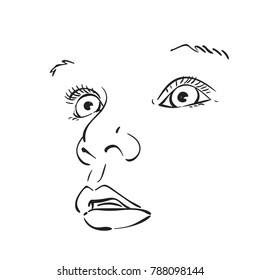 Baby face looking up with interest, Vector sketch, Hand drawn illustration isolated on white background