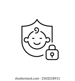 Baby face on shield and lock. Infant safety, childproof environment. Pixel perfect vector icon