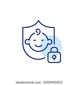 Baby face on shield and lock. Infant safety, childproof environment. Pixel perfect, editable stroke icon