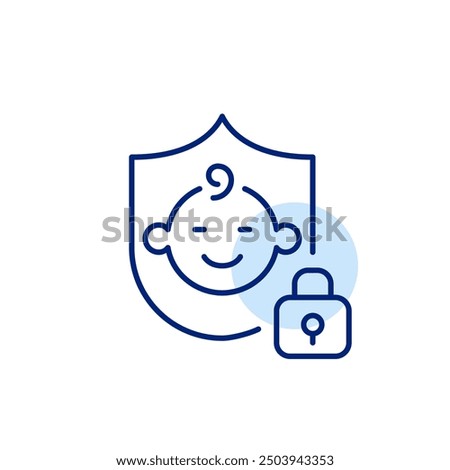 Baby face on shield and lock. Infant safety, childproof environment. Pixel perfect, editable stroke icon