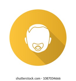 Baby face with pacifier flat design long shadow glyph icon. Child with soother in mouth. Vector silhouette illustration