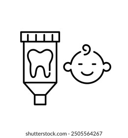 Baby face and toothpaste. Kids-friendly mild dental care. Pixel perfect vector icon