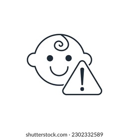 Baby face and triangular exclamation mark sign. Important children's information. Vector linear icon isolated on white background.