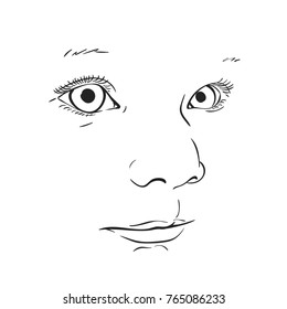 Baby face, Vector linear sketch, Hand drawn illustration isolated on white background