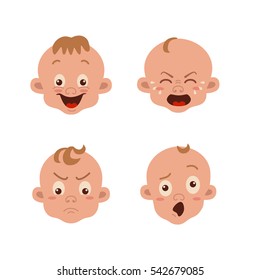 Baby facial expression isolated icons on white background. Cute color vector illustration of boy baby showing different emotions: smiling, sad, surprised, crying, shy, laugh happy in flat style.
