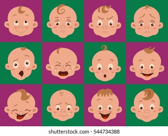 Baby facial expression isolated icons on white background. Cute color vector illustration of boy baby showing different emotions: smiling, sad, surprised, crying, shy, laugh happy in flat style.