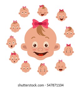 Baby facial expression isolated icons on white. Cute color vector illustration of little girl faces showing different emotions: smiling, sad, surprised, crying, shy, laugh happy in flat style.
