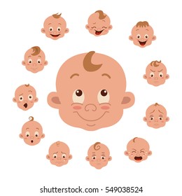 Baby facial expression isolated icons on white background. Cute color vector illustration of boy baby showing different emotions: smiling, sad, surprised, crying, shy, laugh happy in flat style.