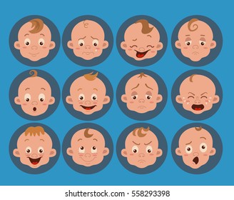 Baby facial expression isolated icons on white background. Cute color vector illustration of little boy showing different emotions: smiling, sad, surprised, crying, shy, laugh happy in flat style.