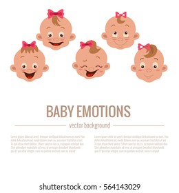 Baby facial expression isolated icons on white. Cute color vector illustration of little girl faces showing different emotions: smiling, sad, surprised, crying, shy, laugh happy in flat style.