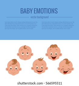 Baby facial expression isolated icons on white background. Cute color vector illustration of boy baby showing different emotions: smiling, sad, surprised, crying, shy, laugh happy in flat style.