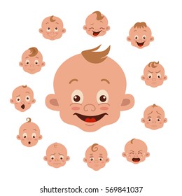 Baby facial expression isolated icons on white background. Cute color vector illustration of boy baby showing different emotions: smiling, sad, surprised, crying, shy, laugh happy in flat style.