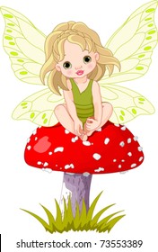 Baby fairy elf sitting on mushroom