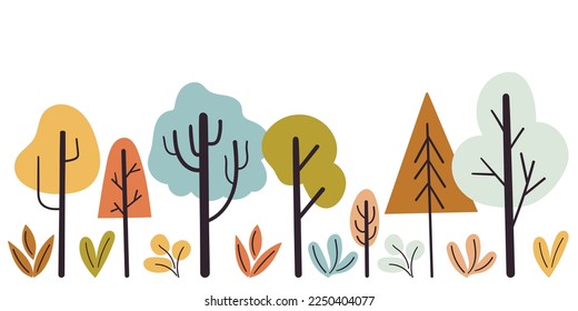 Bebé de cuento de hadas al estilo escandinavo. Ilustración vectorial plana naive con un paisaje forestal. Árboles de dibujos animados pequeños aislados en un fondo blanco. Arte mural de la guardería.