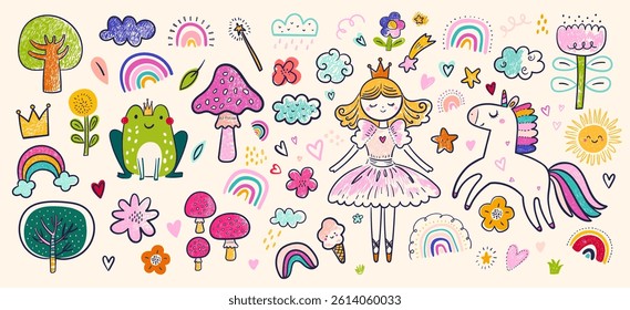 Baby fairy tales hand drawn design for textile, posters, cards. Baby animals pattern. Fabric baby design.. Vector illustration with cute fairy tale characters. Nursery baby pattern illustration