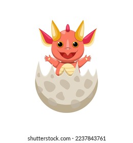 Baby fairytale monster hatching from egg. Cute colorful baby dragon and dinosaur cartoon illustration. Reptiles, wild animal concept