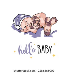 Baby falling asleep card with toy, newborn in doodle style, Hello baby, hand lettering, pastel brush strokes