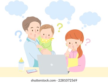 Baby and family with anxious face doing research on PC