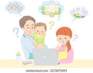 Baby and family looking up on PC about nursery school application form