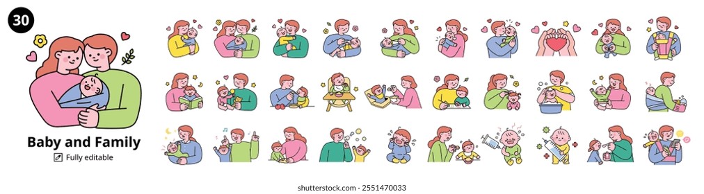 Baby and Family Mega Set. Parents caring for babies. outline simple vector illustration.