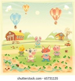 Baby farm animals in the countryside. Funny cartoon and vector illustration, isolated objects.