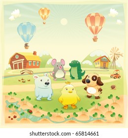 Baby farm animals in the countryside. Funny cartoon and vector illustration, isolated objects.