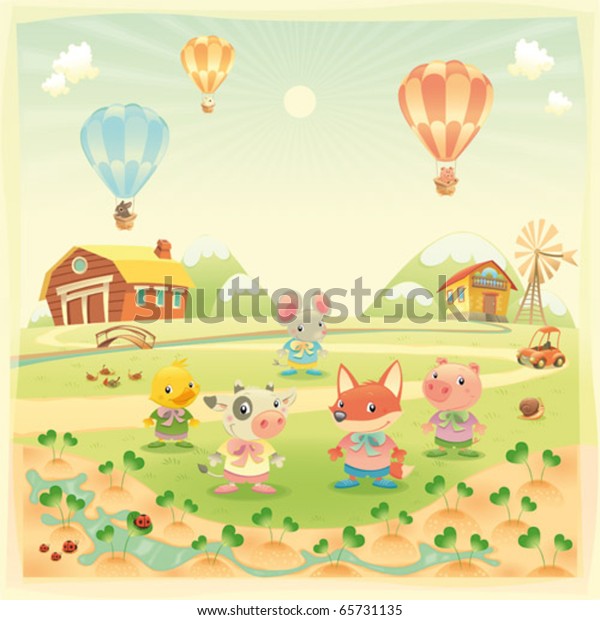 Baby farm animals in the\
countryside. Funny cartoon and vector illustration, isolated\
objects.