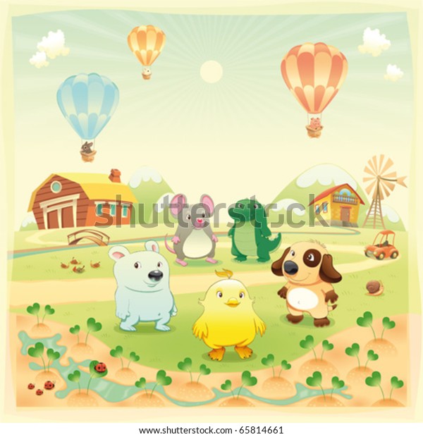 Baby farm animals in the\
countryside. Funny cartoon and vector illustration, isolated\
objects.