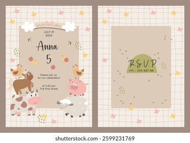 Baby farm baby shower invitation printable design. Child greeting with farming animals. Vector nursery rural illustrations.
